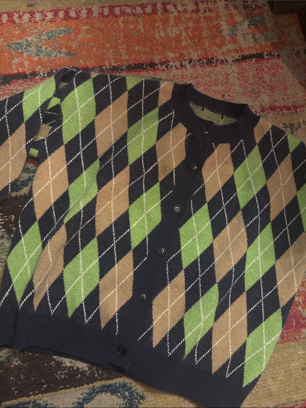 Argyle Button-Front Cardigan Sweater - Green, Tan, Navy